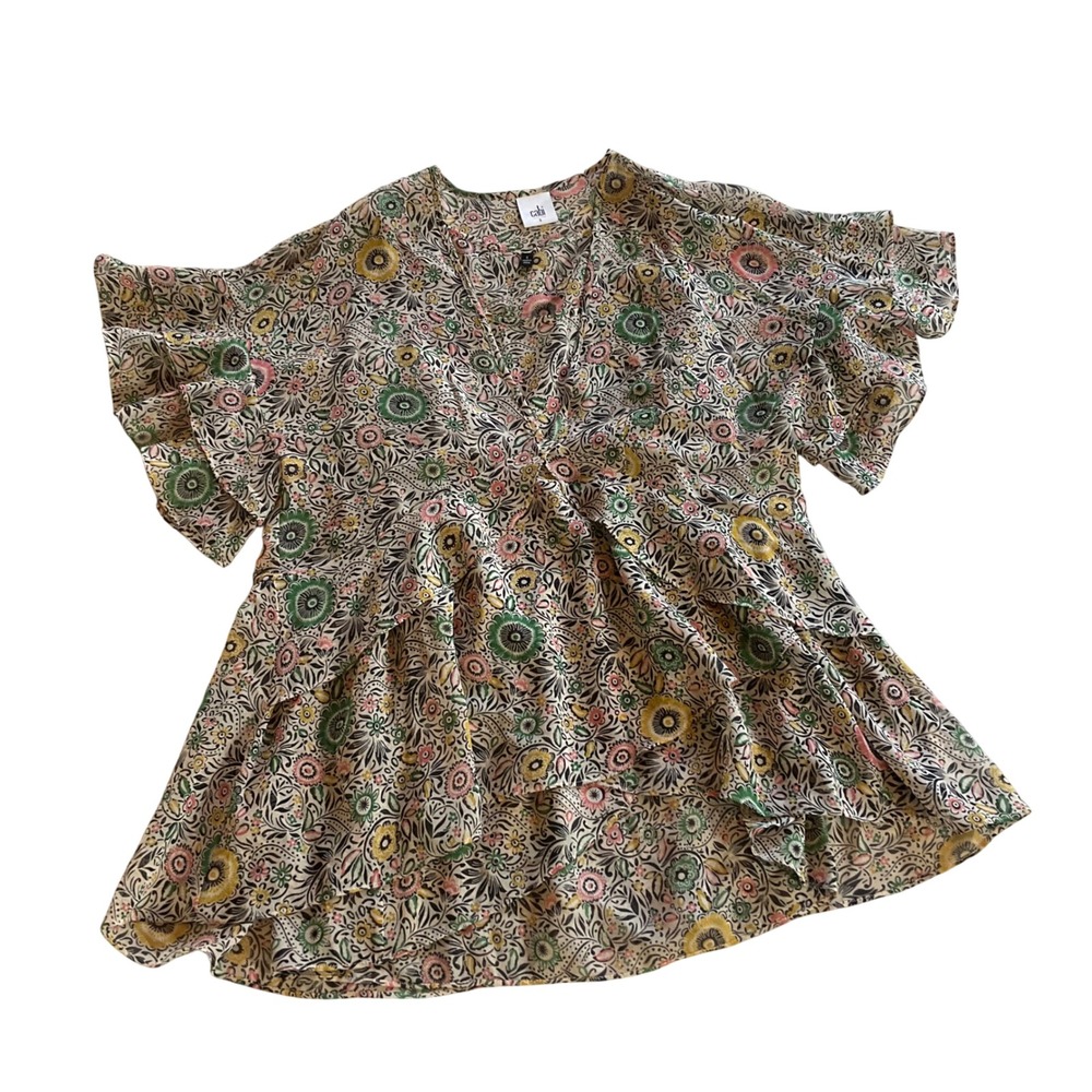 Cabi Peplum Blouse Womens Small Multicolor Floral Flutter Sleeve Chiffon